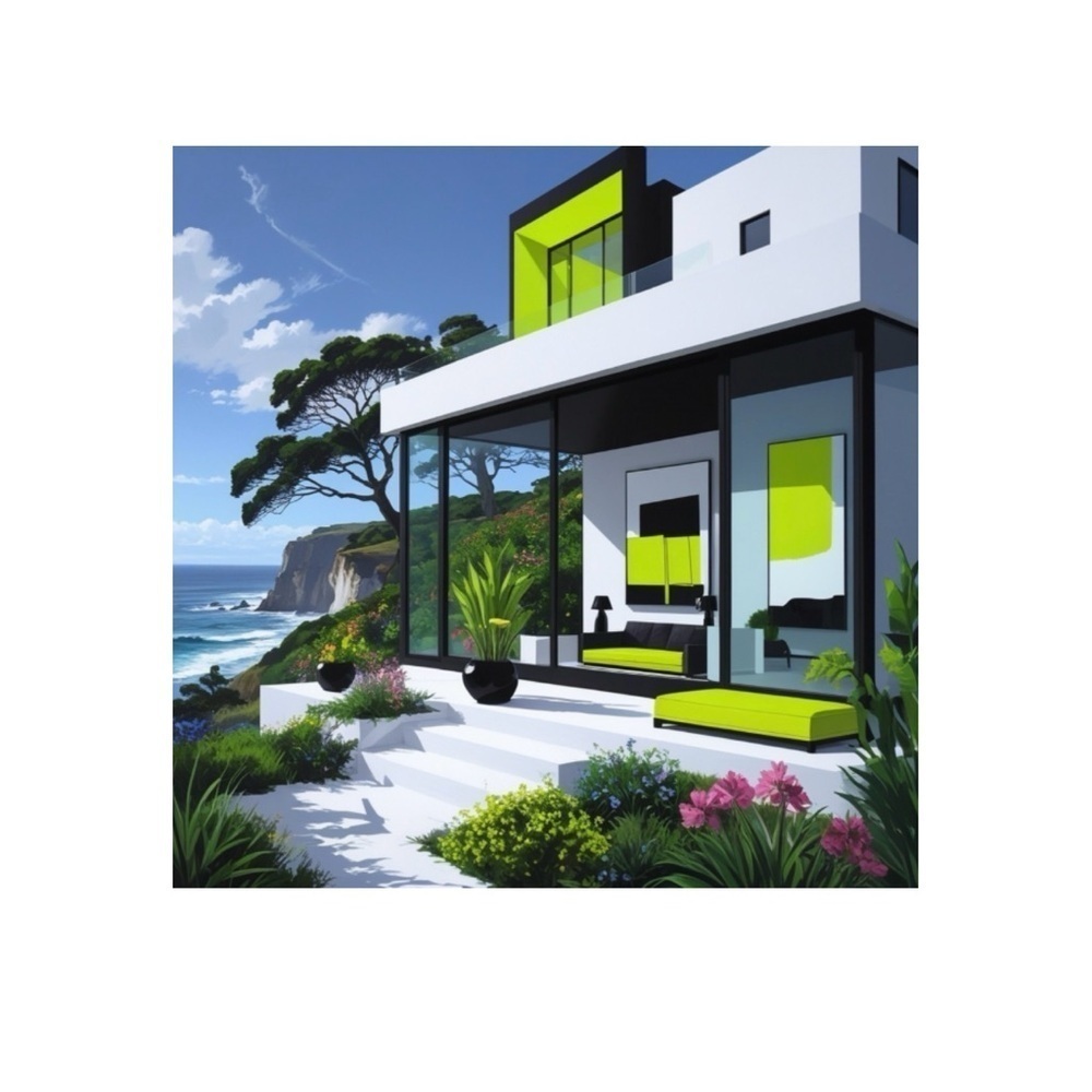 HANDCRAFTED Contemporary Black and Green Coastal House digital art print NWT